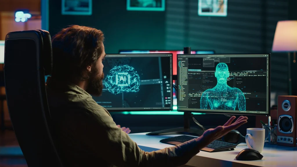 AI programming interface displayed on dual monitors in coding workspace
