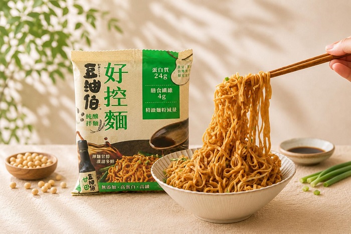 圖說：堅持天然純釀的豆油伯醬油，遇上專注健康平衡的日日好食蛋白麵，成就「一滴純釀、一麵真香」的純粹飲食體驗。（資料來源：日日好食）